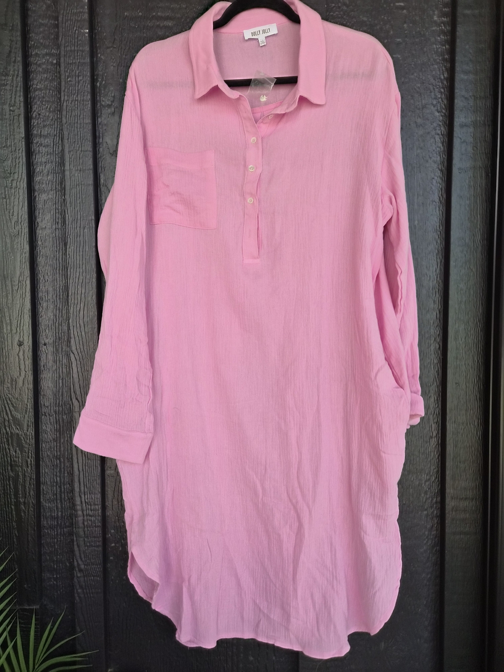 Pink Button-Front Long Sleeve Dress
